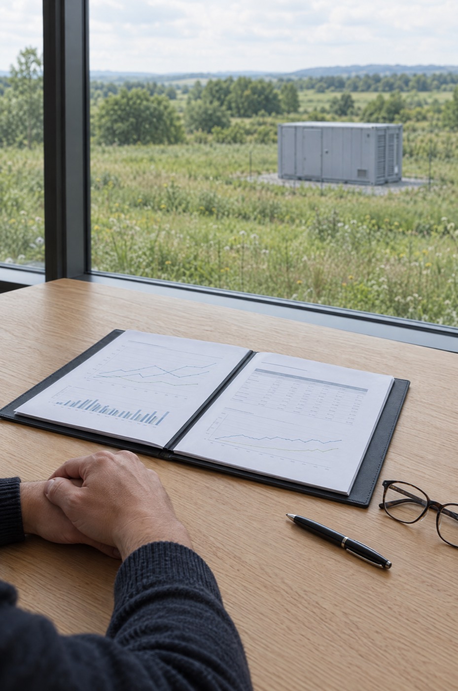 Hände neben einer aufgeschlagenen Projektmappe mit Diagrammen, dahinter durchs Fenster ein Batteriespeicher auf einer Wiese